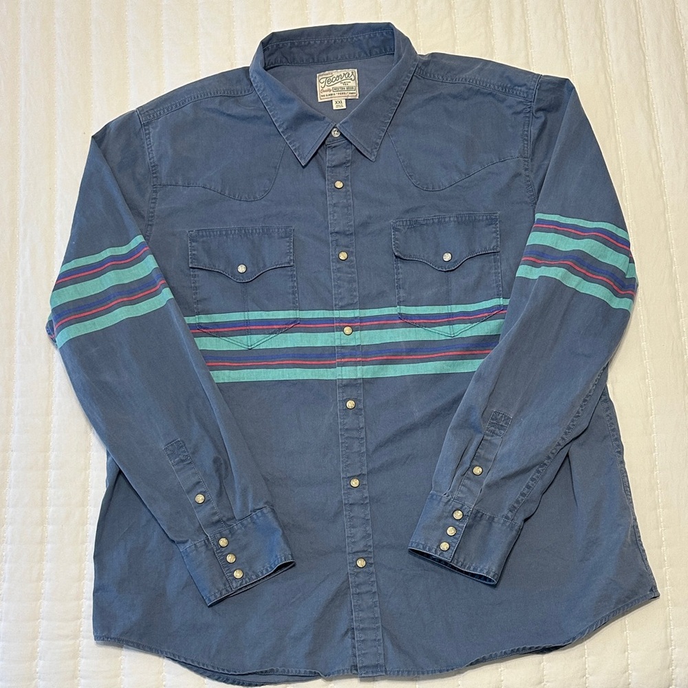Tecovas Men's Foundation Weight Cotton Pearl Snap Shirt Size 2XL Blue Stripe